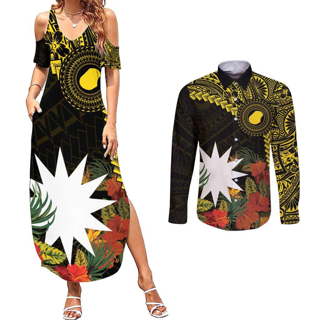 Gold Nauru Couples Matching Summer Maxi Dress and Long Sleeve Button Shirt Naoero Map With Polynesian Tropical Flowers