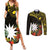 Gold Nauru Couples Matching Summer Maxi Dress and Long Sleeve Button Shirt Naoero Map With Polynesian Tropical Flowers