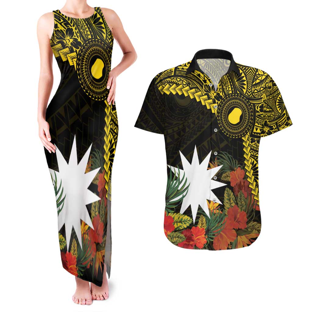 Gold Nauru Couples Matching Tank Maxi Dress and Hawaiian Shirt Naoero Map With Polynesian Tropical Flowers