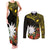 Gold Nauru Couples Matching Tank Maxi Dress and Long Sleeve Button Shirt Naoero Map With Polynesian Tropical Flowers