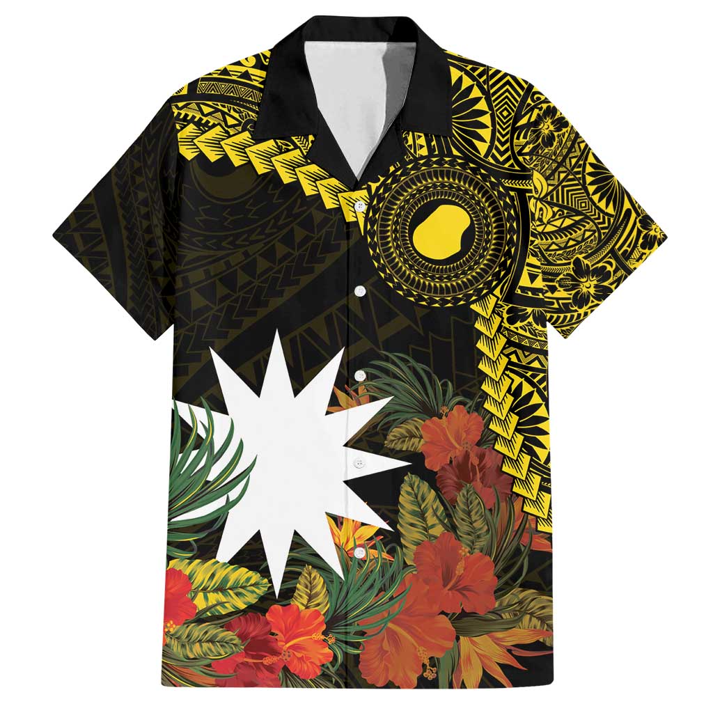 Gold Nauru Family Matching Long Sleeve Bodycon Dress and Hawaiian Shirt Naoero Map With Polynesian Tropical Flowers