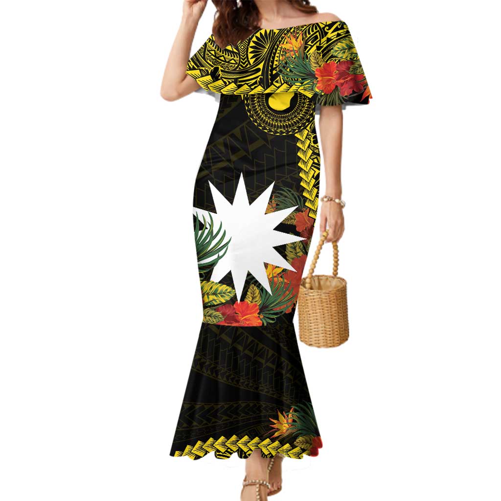 Gold Nauru Family Matching Mermaid Dress and Hawaiian Shirt Naoero Map With Polynesian Tropical Flowers