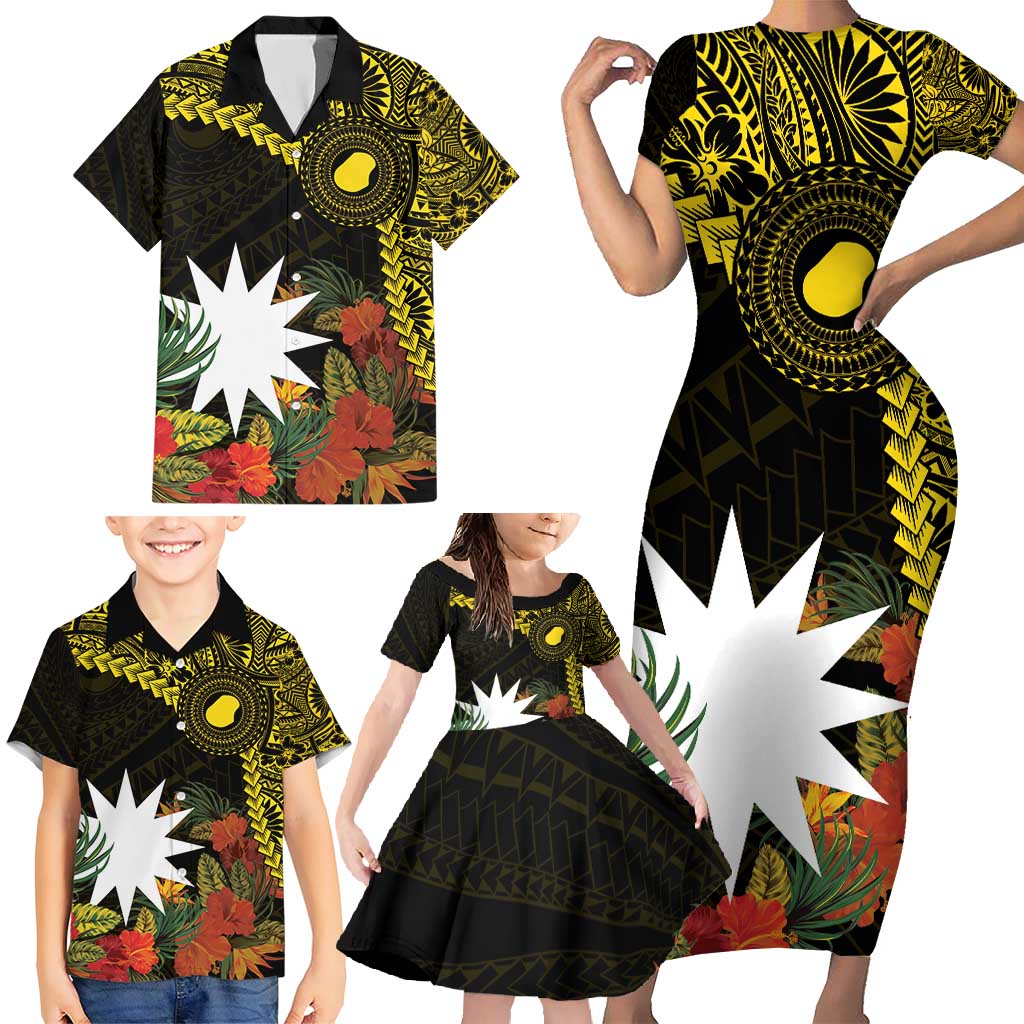 Gold Nauru Family Matching Short Sleeve Bodycon Dress and Hawaiian Shirt Naoero Map With Polynesian Tropical Flowers