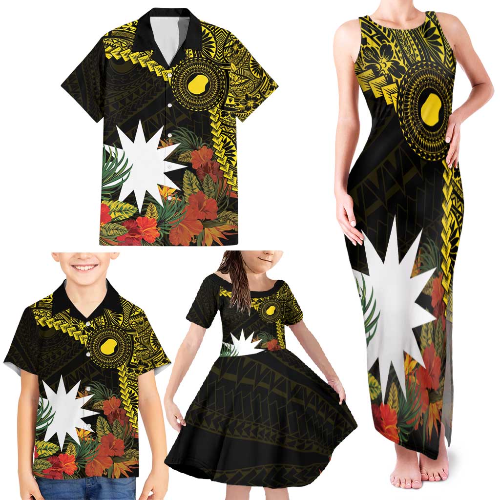 Gold Nauru Family Matching Tank Maxi Dress and Hawaiian Shirt Naoero Map With Polynesian Tropical Flowers