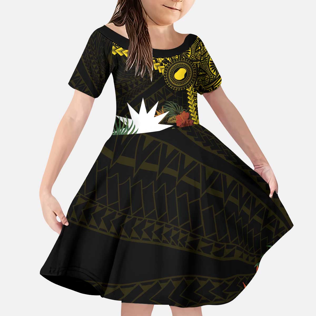 Gold Nauru Kid Short Sleeve Dress Naoero Map With Polynesian Tropical Flowers