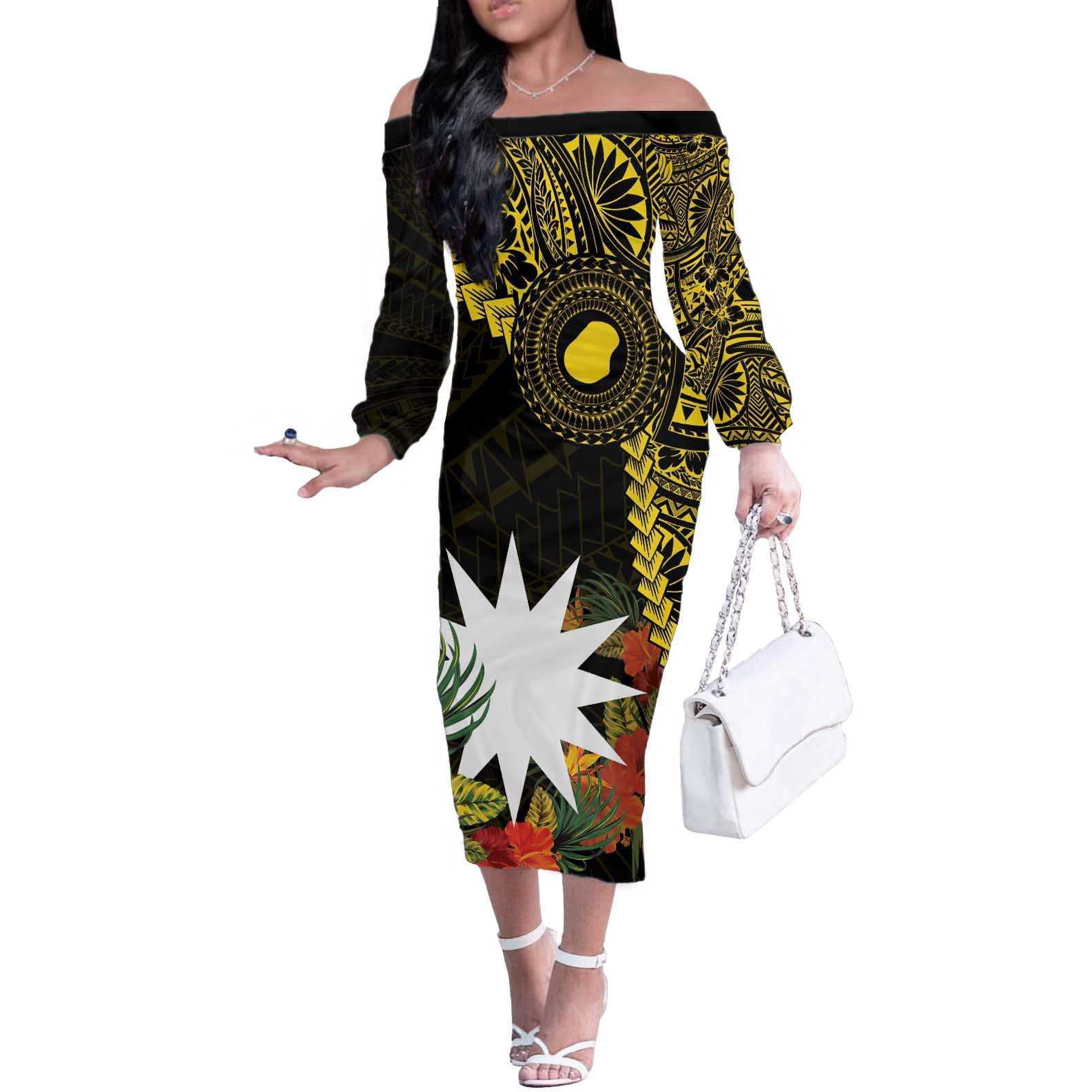 Gold Nauru Off The Shoulder Long Sleeve Dress Naoero Map With Polynesian Tropical Flowers