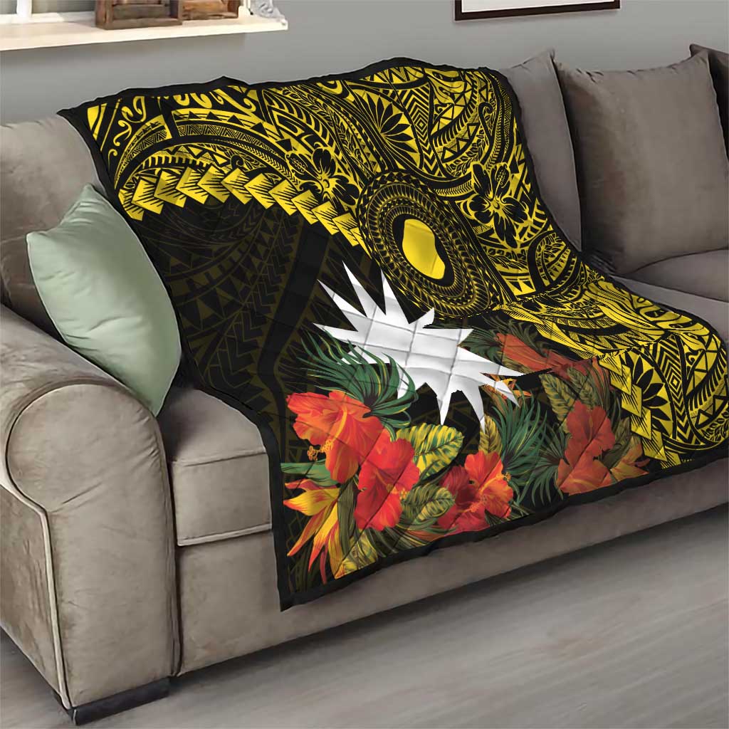 Gold Nauru Quilt Naoero Map With Polynesian Tropical Flowers