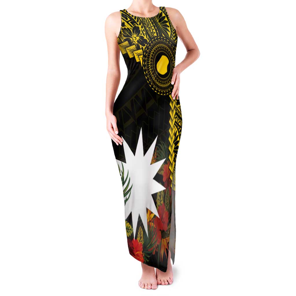 Gold Nauru Tank Maxi Dress Naoero Map With Polynesian Tropical Flowers