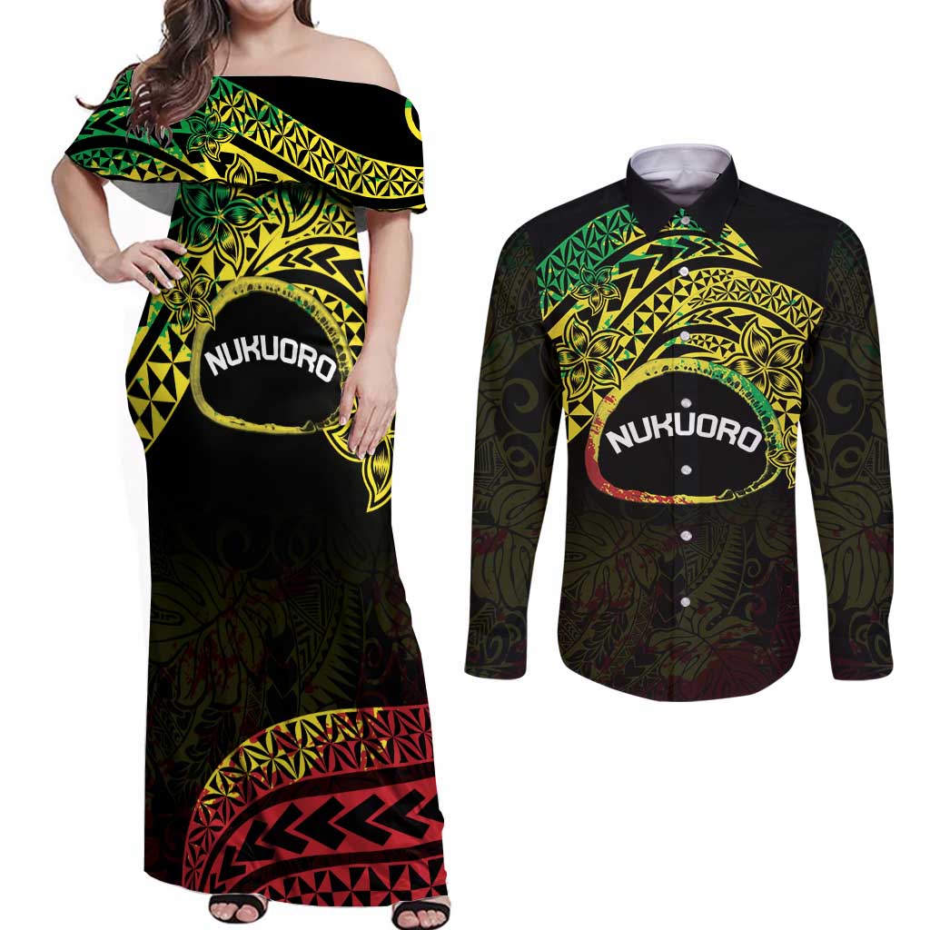 Personalised Nukuoro Atoll Couples Matching Off Shoulder Maxi Dress and Long Sleeve Button Shirt Polynesian Tattoo Curves Reggae Version LT14 Reggae - Polynesian Pride