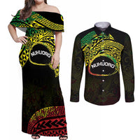 Personalised Nukuoro Atoll Couples Matching Off Shoulder Maxi Dress and Long Sleeve Button Shirt Polynesian Tattoo Curves Reggae Version LT14 Reggae - Polynesian Pride