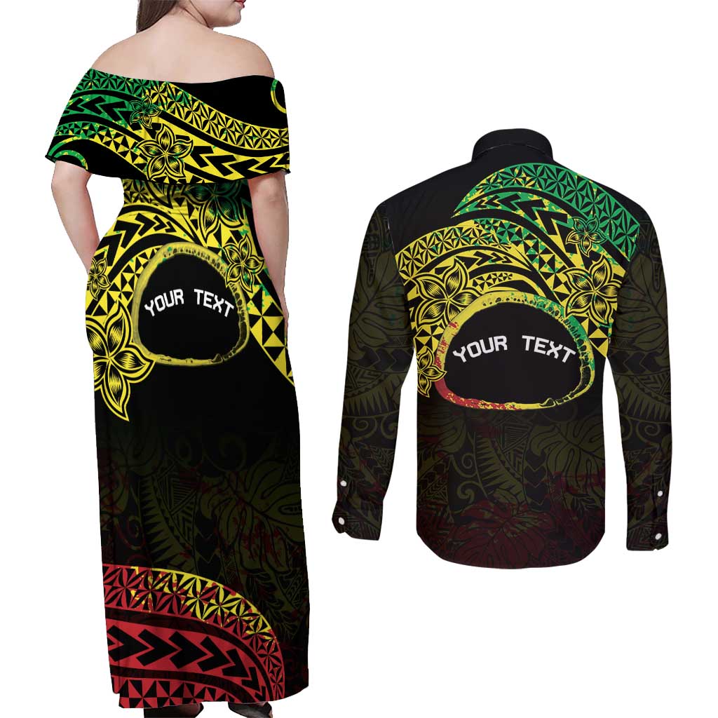 Personalised Nukuoro Atoll Couples Matching Off Shoulder Maxi Dress and Long Sleeve Button Shirt Polynesian Tattoo Curves Reggae Version LT14 - Polynesian Pride