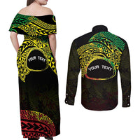 Personalised Nukuoro Atoll Couples Matching Off Shoulder Maxi Dress and Long Sleeve Button Shirt Polynesian Tattoo Curves Reggae Version LT14 - Polynesian Pride