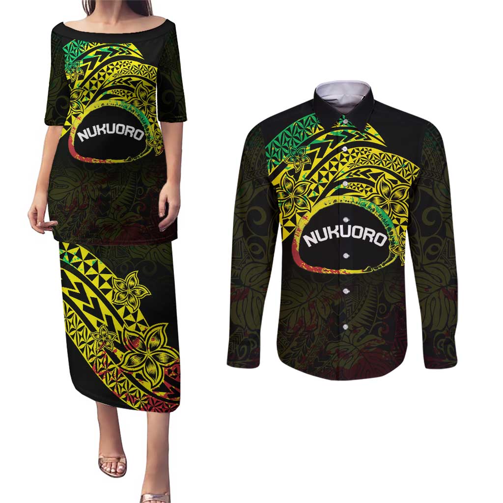 Personalised Nukuoro Atoll Couples Matching Puletasi and Long Sleeve Button Shirt Polynesian Tattoo Curves Reggae Version LT14 Reggae - Polynesian Pride