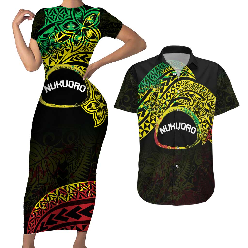 Personalised Nukuoro Atoll Couples Matching Short Sleeve Bodycon Dress and Hawaiian Shirt Polynesian Tattoo Curves Reggae Version