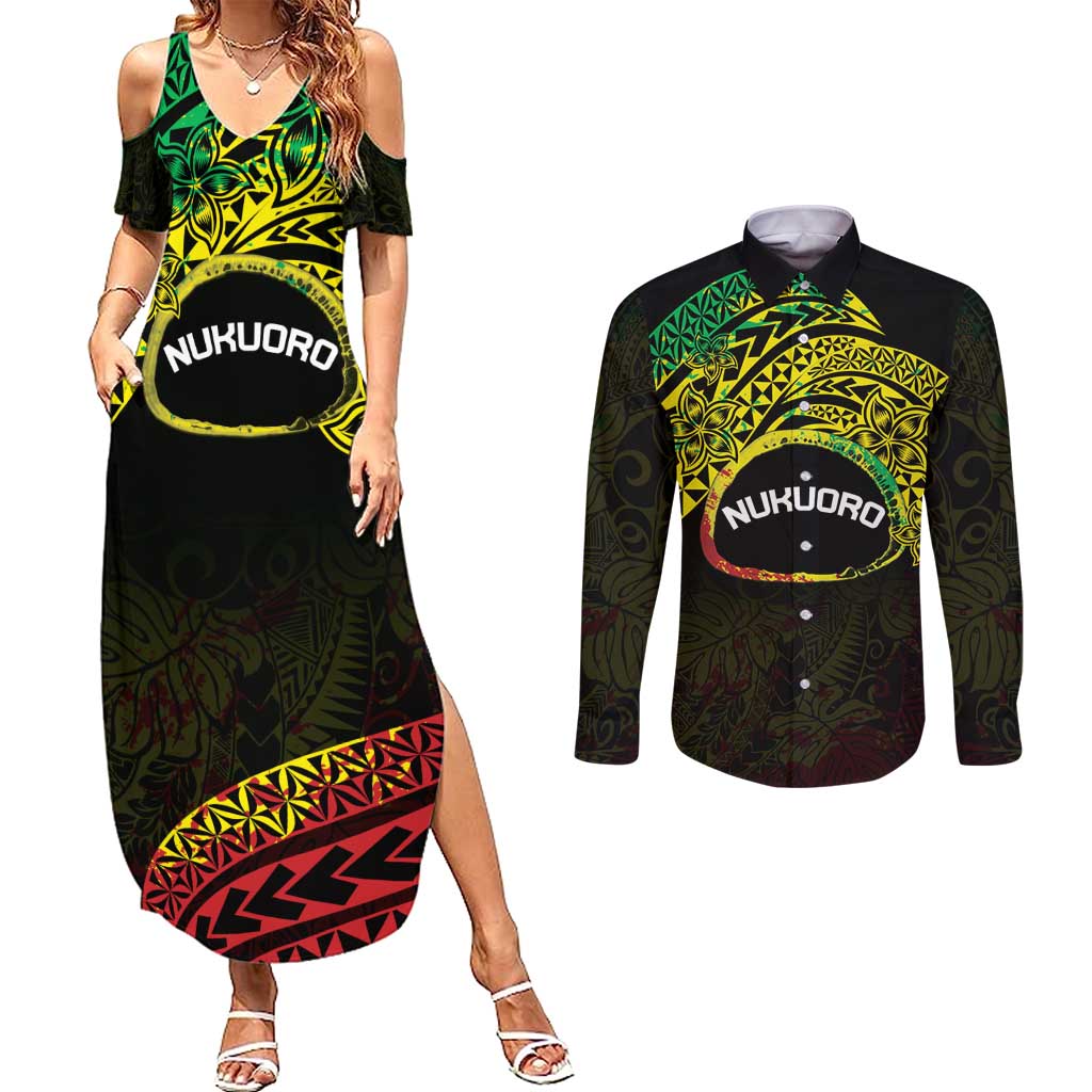 Personalised Nukuoro Atoll Couples Matching Summer Maxi Dress and Long Sleeve Button Shirt Polynesian Tattoo Curves Reggae Version LT14 Reggae - Polynesian Pride