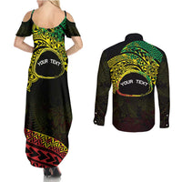 Personalised Nukuoro Atoll Couples Matching Summer Maxi Dress and Long Sleeve Button Shirt Polynesian Tattoo Curves Reggae Version LT14 - Polynesian Pride