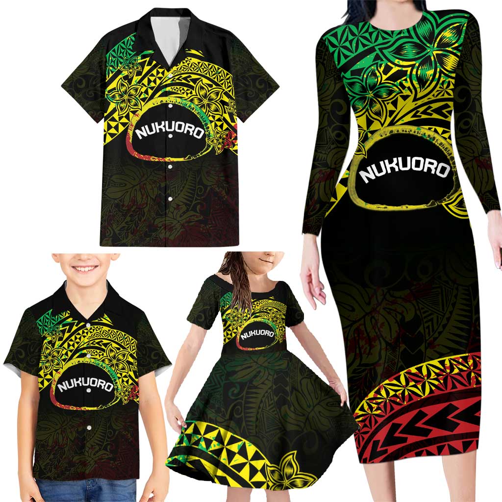 Personalised Nukuoro Atoll Family Matching Long Sleeve Bodycon Dress and Hawaiian Shirt Polynesian Tattoo Curves Reggae Version