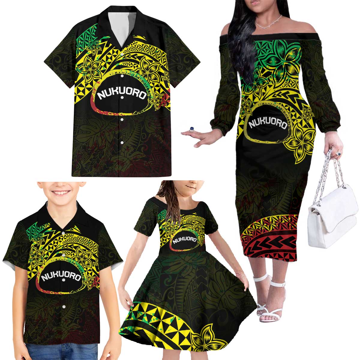 Personalised Nukuoro Atoll Family Matching Off The Shoulder Long Sleeve Dress and Hawaiian Shirt Polynesian Tattoo Curves Reggae Version