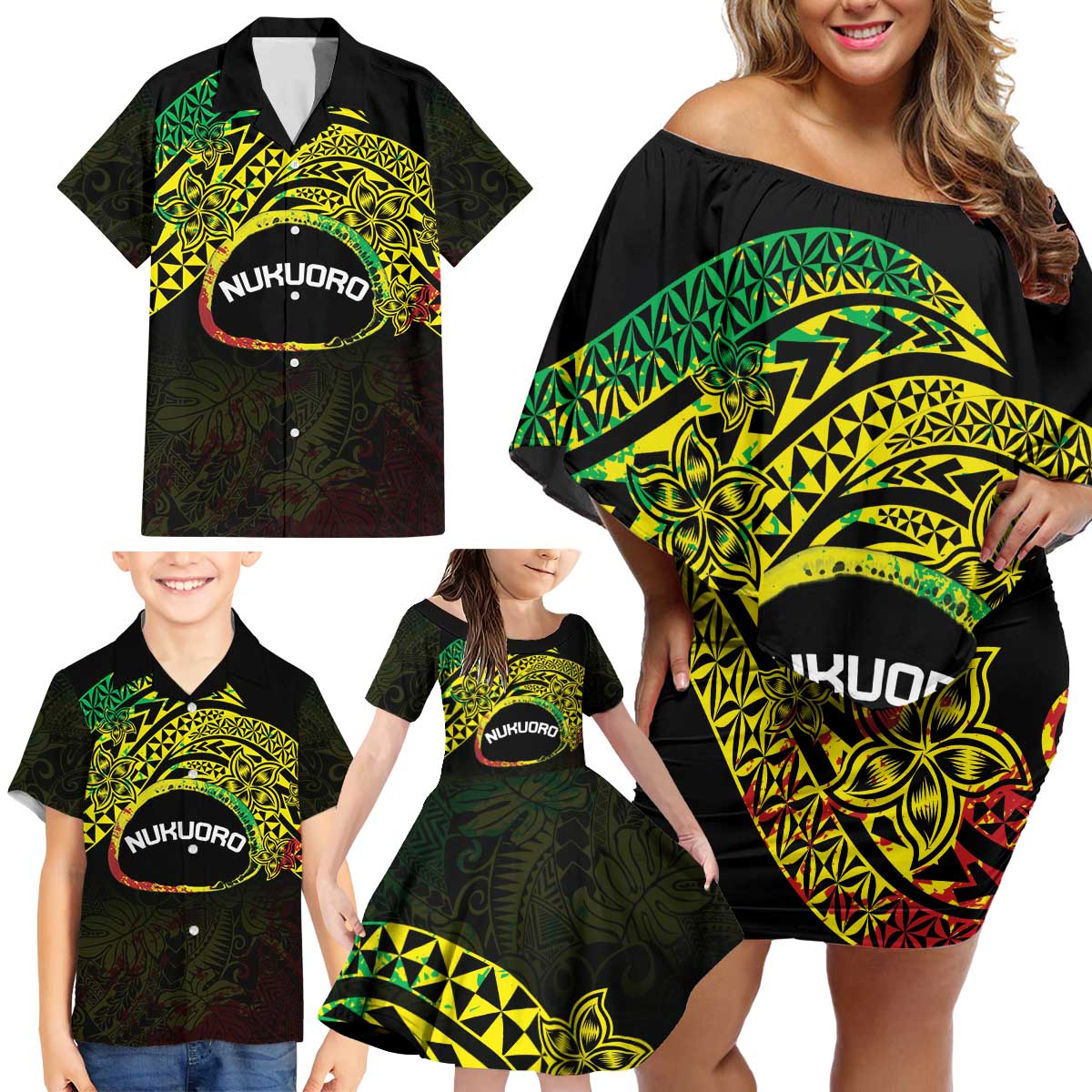 Personalised Nukuoro Atoll Family Matching Off Shoulder Short Dress and Hawaiian Shirt Polynesian Tattoo Curves Reggae Version LT14 - Polynesian Pride