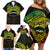 Personalised Nukuoro Atoll Family Matching Off Shoulder Short Dress and Hawaiian Shirt Polynesian Tattoo Curves Reggae Version