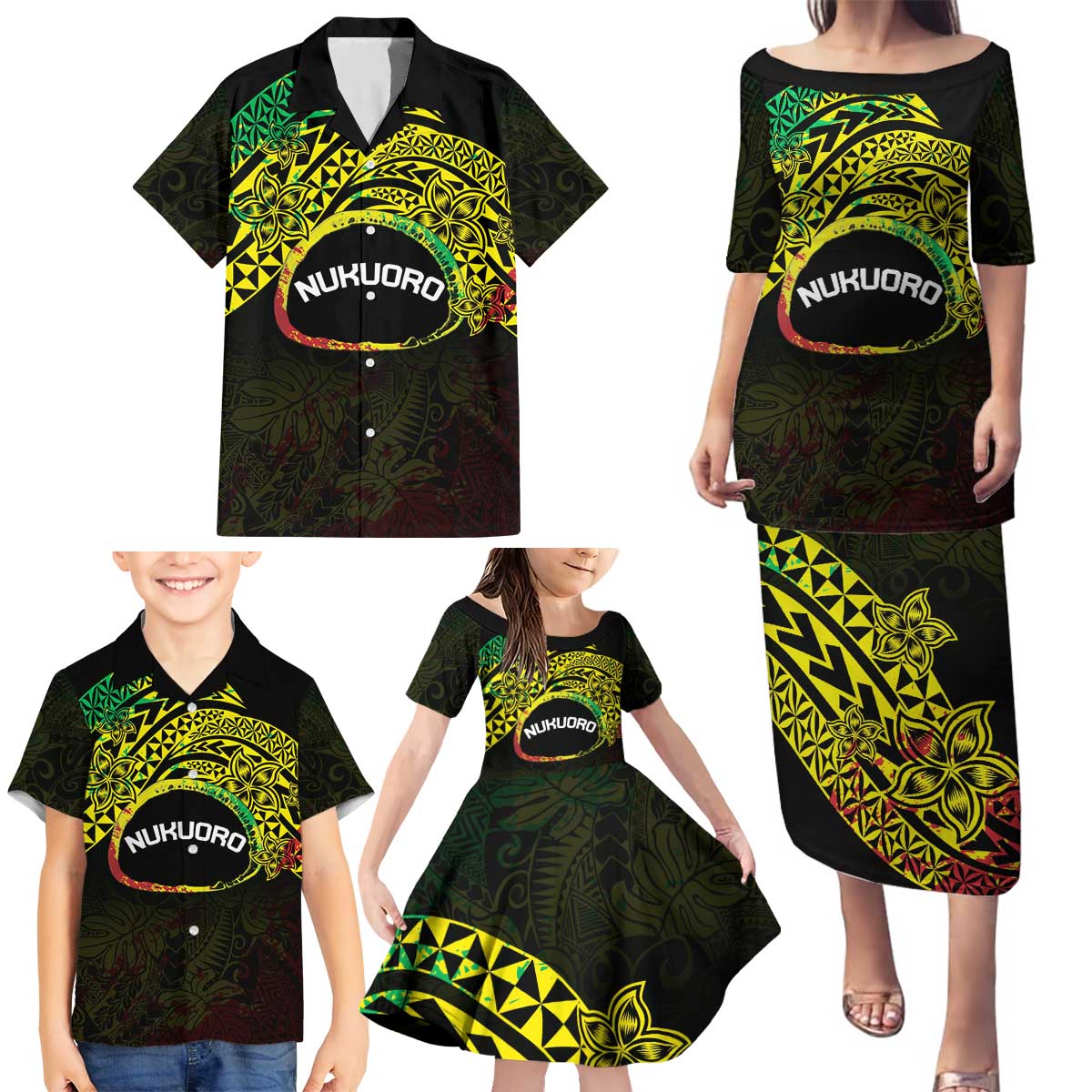 Personalised Nukuoro Atoll Family Matching Puletasi and Hawaiian Shirt Polynesian Tattoo Curves Reggae Version