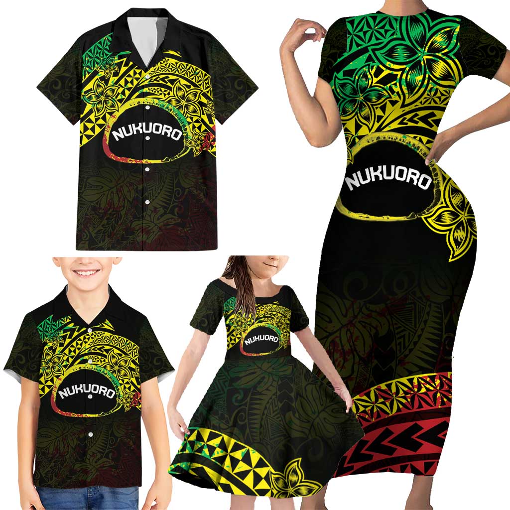 Personalised Nukuoro Atoll Family Matching Short Sleeve Bodycon Dress and Hawaiian Shirt Polynesian Tattoo Curves Reggae Version