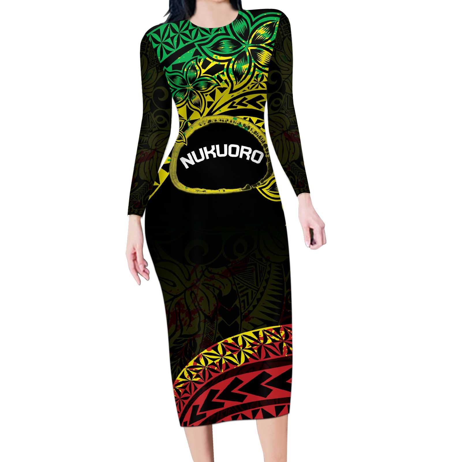 Personalised Nukuoro Atoll Long Sleeve Bodycon Dress Polynesian Tattoo Curves Reggae Version