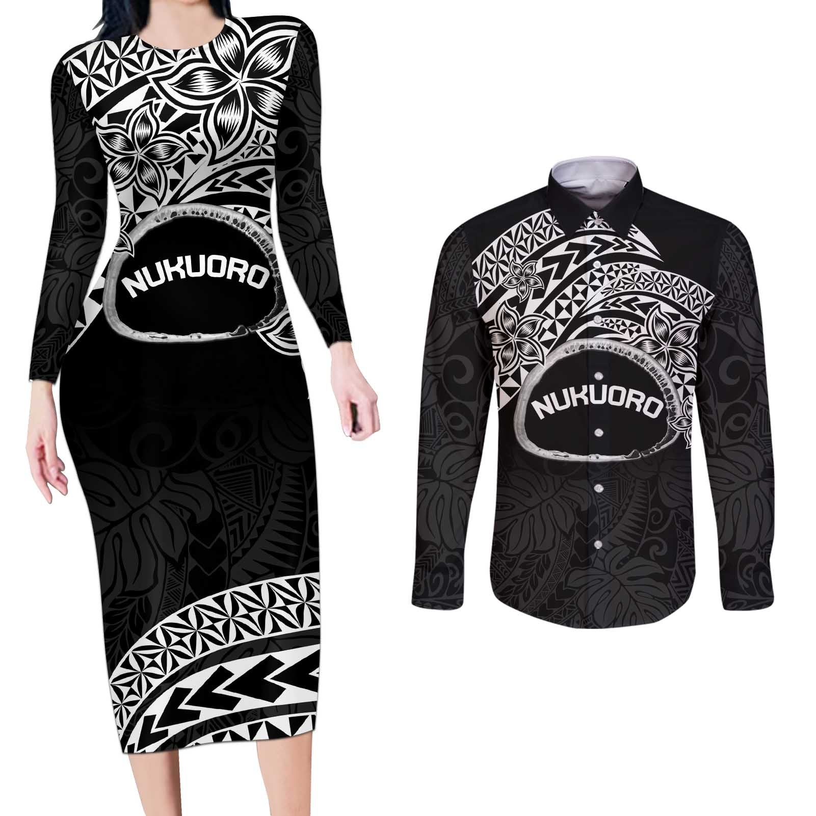 Personalised Pohnpei Nukuoro Micronesia Couples Matching Long Sleeve Bodycon Dress and Long Sleeve Button Shirt Polynesian Tattoo Curves Black Version