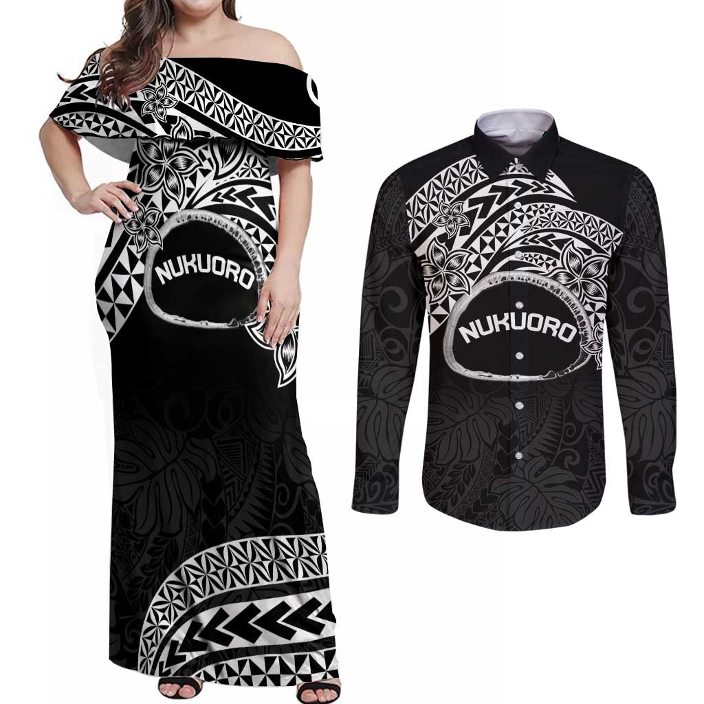 Personalised Pohnpei Nukuoro Micronesia Couples Matching Off Shoulder Maxi Dress and Long Sleeve Button Shirt Polynesian Tattoo Curves Black Version