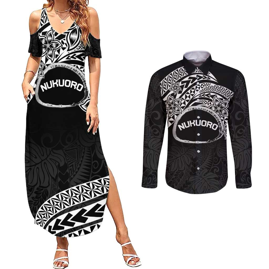 Personalised Pohnpei Nukuoro Micronesia Couples Matching Summer Maxi Dress and Long Sleeve Button Shirt Polynesian Tattoo Curves Black Version