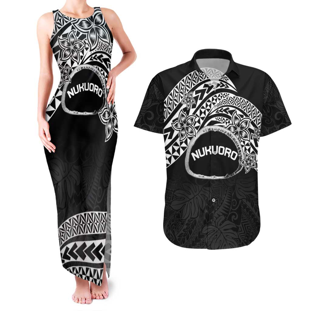 Personalised Pohnpei Nukuoro Micronesia Couples Matching Tank Maxi Dress and Hawaiian Shirt Polynesian Tattoo Curves Black Version