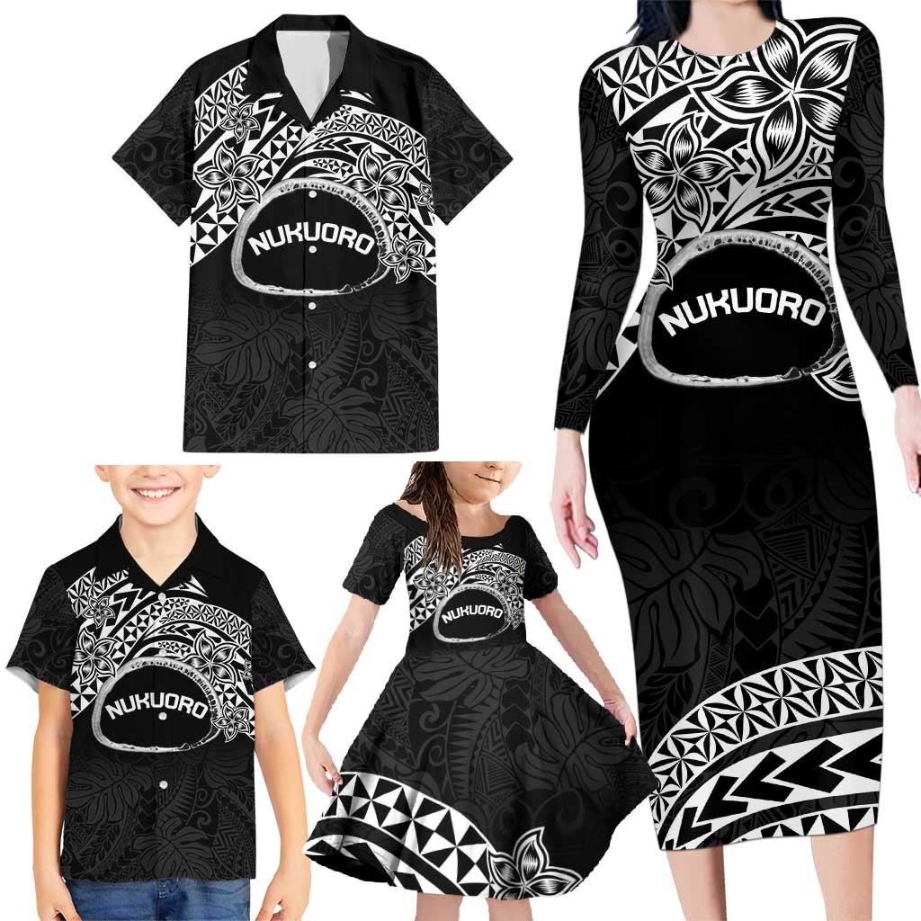 Personalised Pohnpei Nukuoro Micronesia Family Matching Long Sleeve Bodycon Dress and Hawaiian Shirt Polynesian Tattoo Curves Black Version