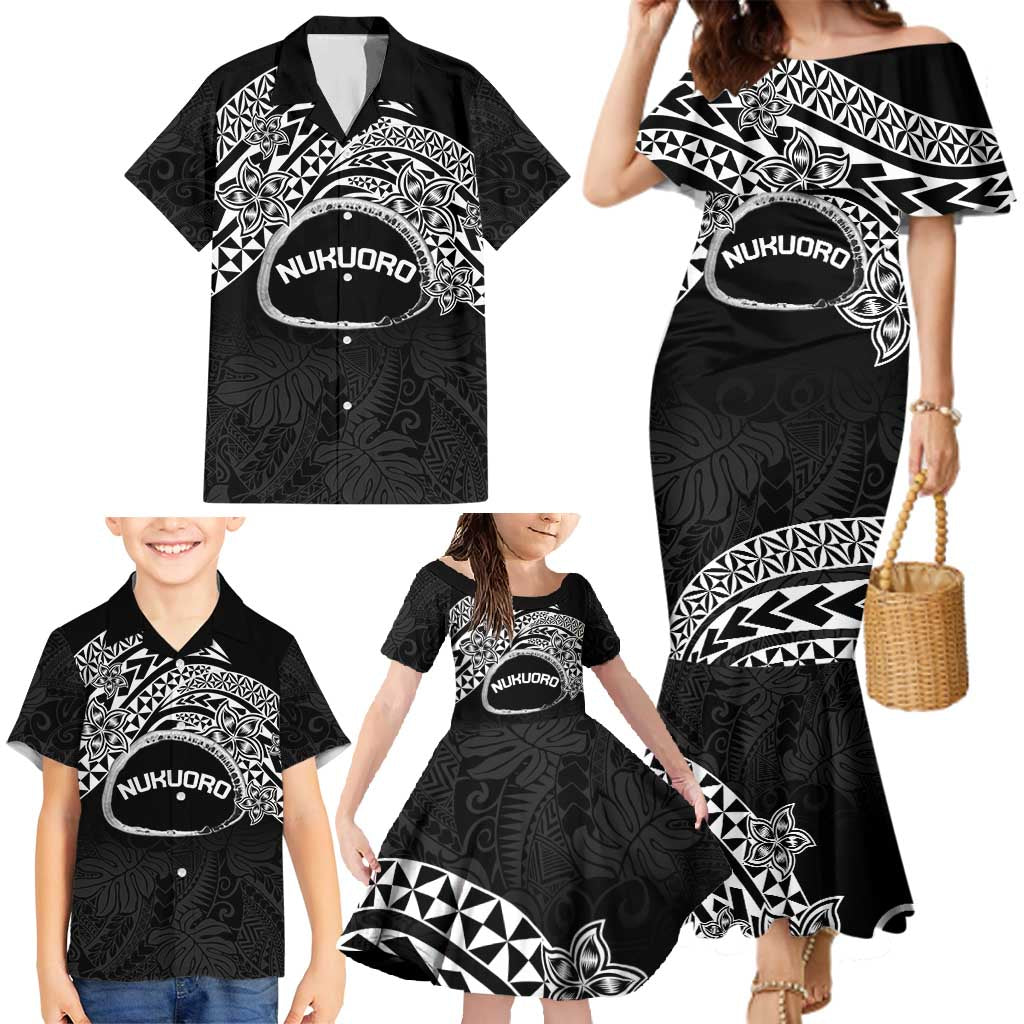 Personalised Pohnpei Nukuoro Micronesia Family Matching Mermaid Dress and Hawaiian Shirt Polynesian Tattoo Curves Black Version