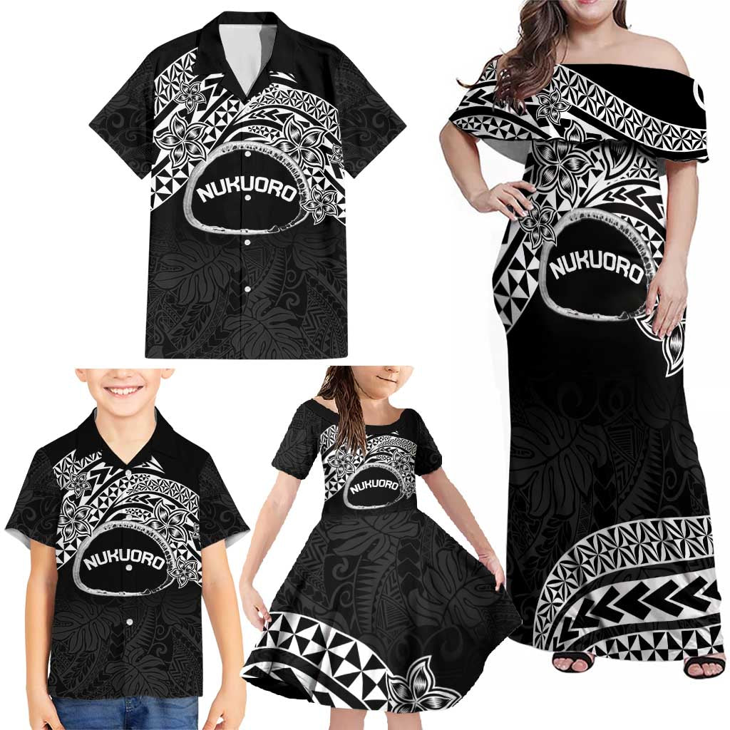 Personalised Pohnpei Nukuoro Micronesia Family Matching Off Shoulder Maxi Dress and Hawaiian Shirt Polynesian Tattoo Curves Black Version