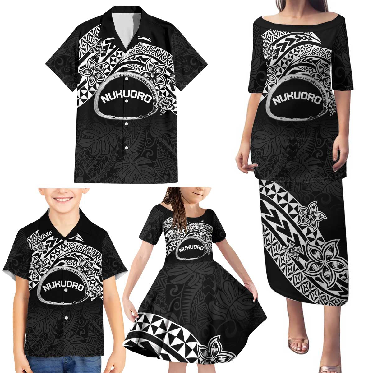 Personalised Pohnpei Nukuoro Micronesia Family Matching Puletasi and Hawaiian Shirt Polynesian Tattoo Curves Black Version