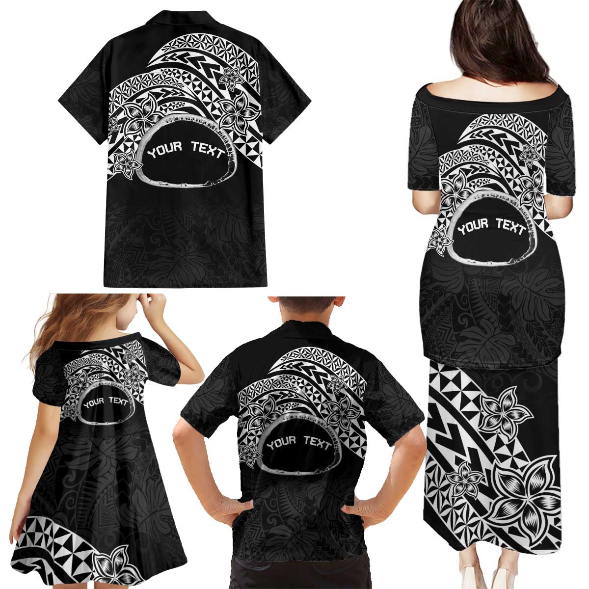 Personalised Pohnpei Nukuoro Micronesia Family Matching Puletasi and Hawaiian Shirt Polynesian Tattoo Curves Black Version