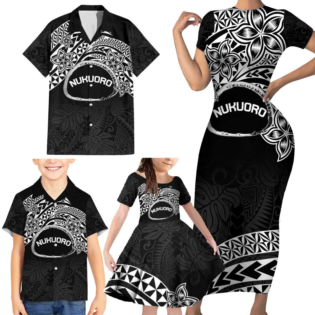 Personalised Pohnpei Nukuoro Micronesia Family Matching Short Sleeve Bodycon Dress and Hawaiian Shirt Polynesian Tattoo Curves Black Version