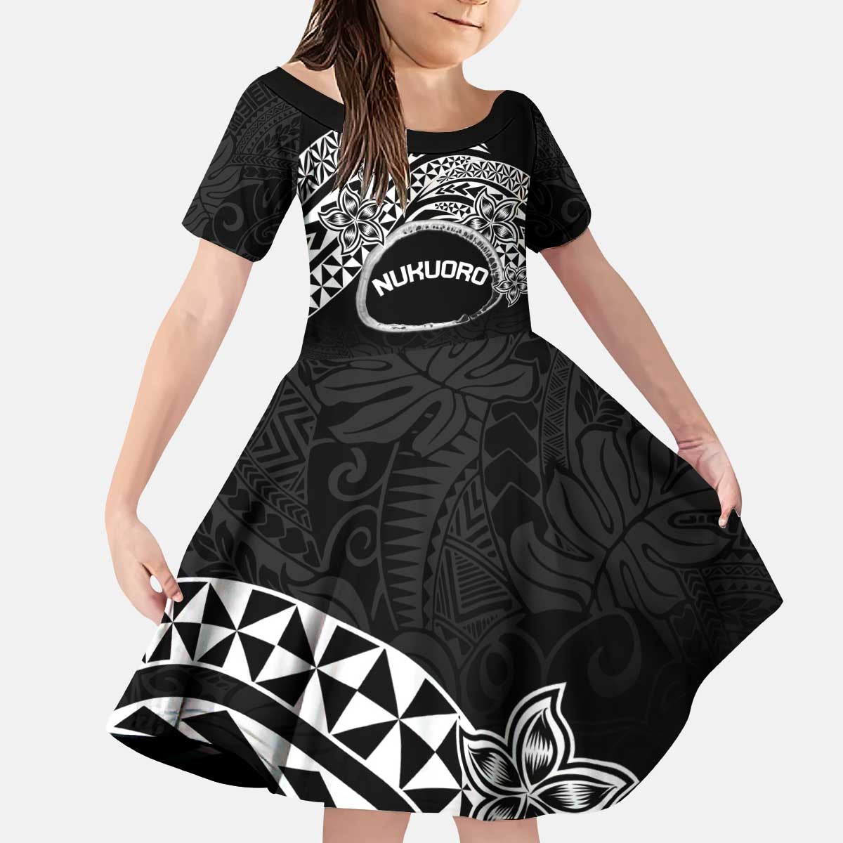 Personalised Pohnpei Nukuoro Micronesia Kid Short Sleeve Dress Polynesian Tattoo Curves Black Version