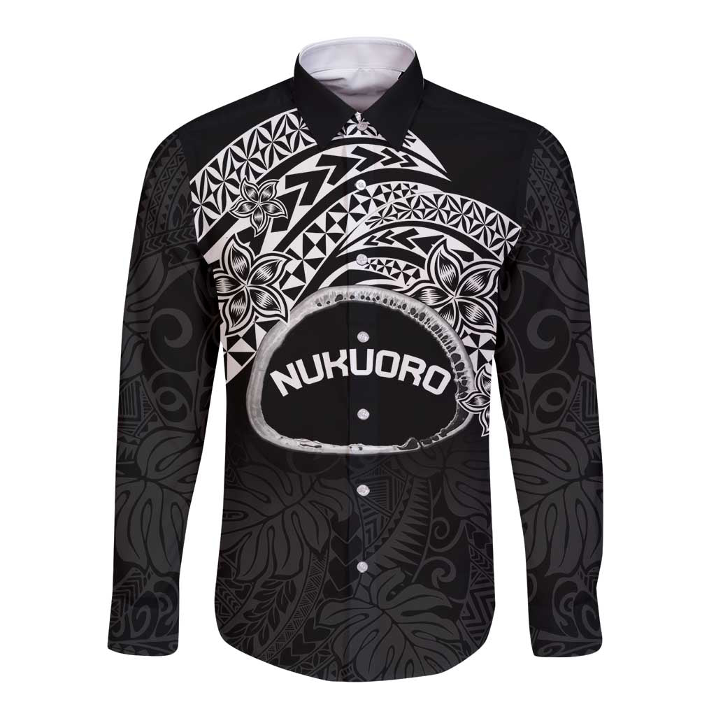 Personalised Pohnpei Nukuoro Micronesia Long Sleeve Button Shirt Polynesian Tattoo Curves Black Version