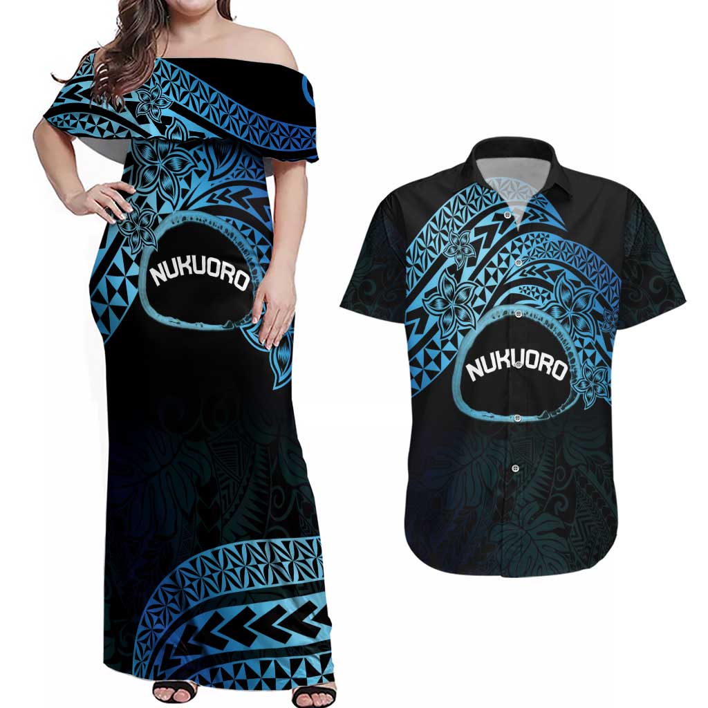 Personalised Pohnpei Nukuoro Micronesia Couples Matching Off Shoulder Maxi Dress and Hawaiian Shirt Polynesian Tattoo Curves Blue Version