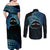 Personalised Pohnpei Nukuoro Micronesia Couples Matching Off Shoulder Maxi Dress and Long Sleeve Button Shirt Polynesian Tattoo Curves Blue Version