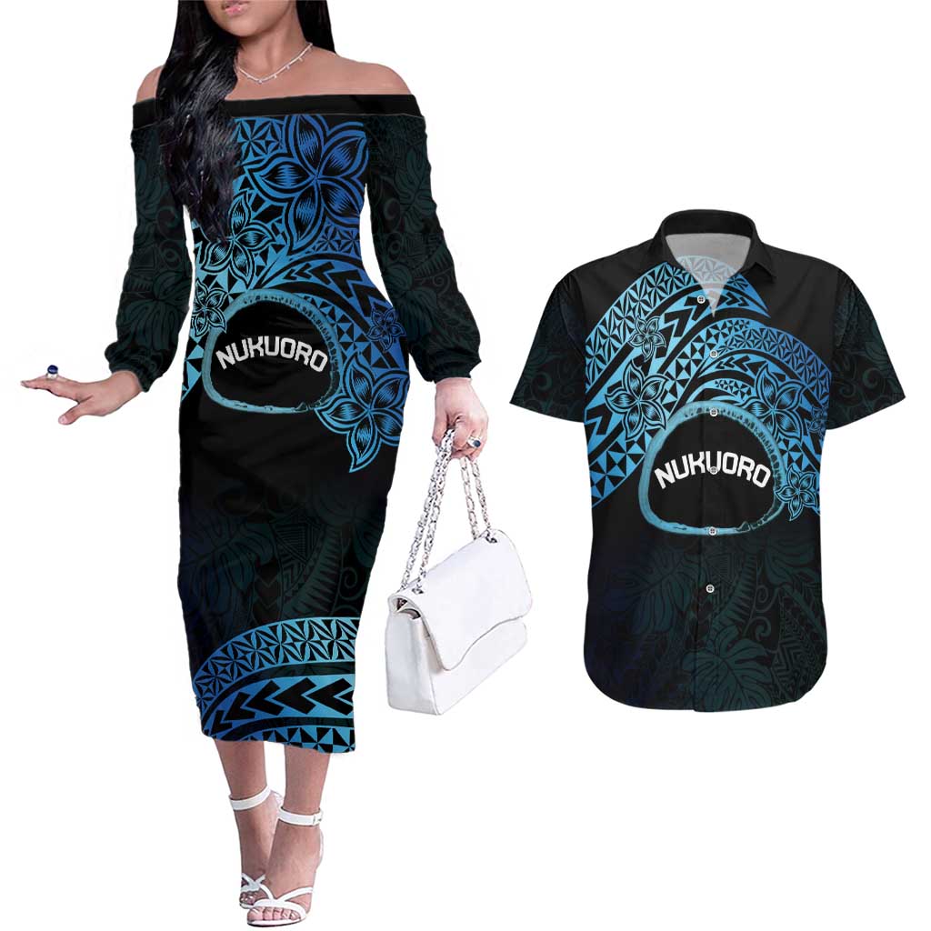 Personalised Pohnpei Nukuoro Micronesia Couples Matching Off The Shoulder Long Sleeve Dress and Hawaiian Shirt Polynesian Tattoo Curves Blue Version