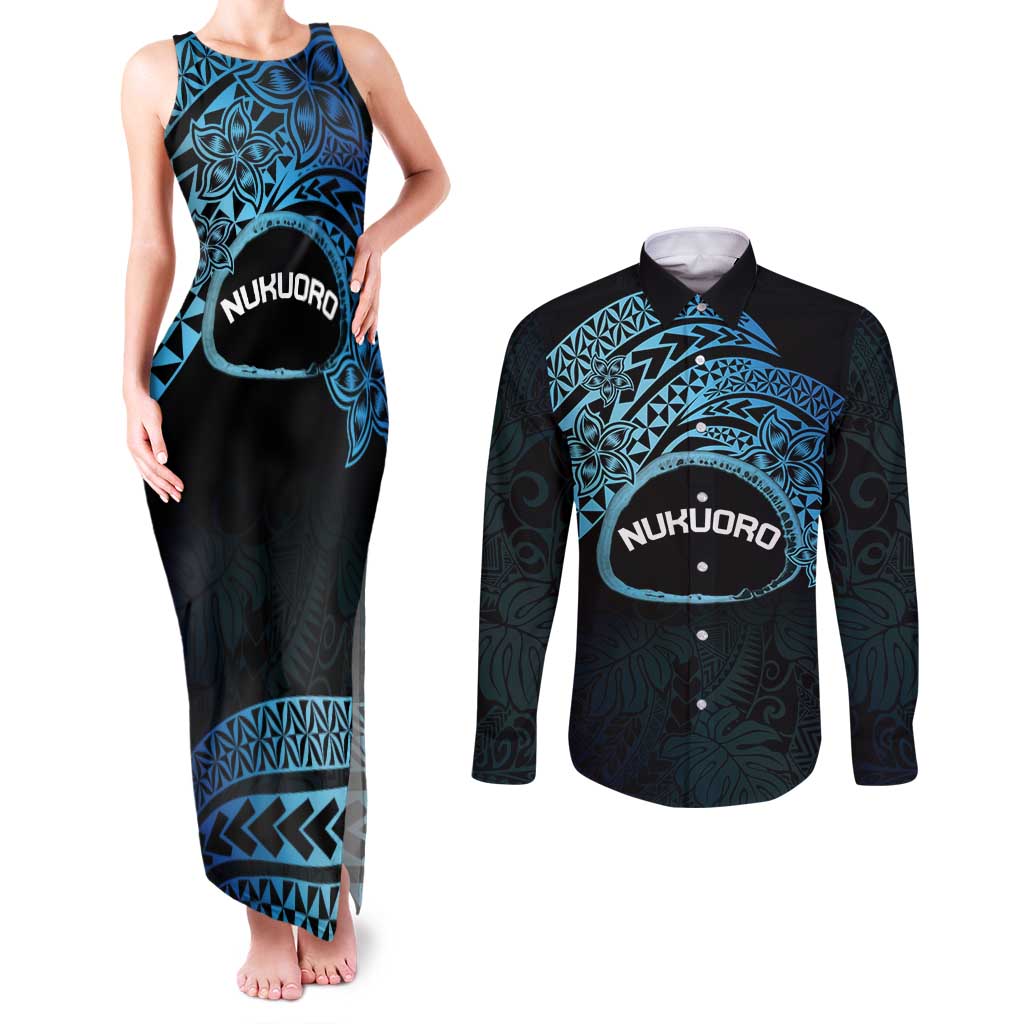 Personalised Pohnpei Nukuoro Micronesia Couples Matching Tank Maxi Dress and Long Sleeve Button Shirt Polynesian Tattoo Curves Blue Version