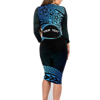 Personalised Pohnpei Nukuoro Micronesia Family Matching Long Sleeve Bodycon Dress and Hawaiian Shirt Polynesian Tattoo Curves Blue Version