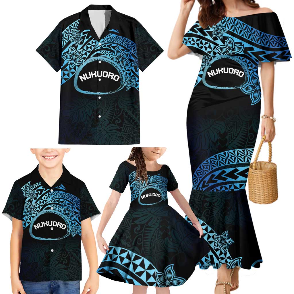 Personalised Pohnpei Nukuoro Micronesia Family Matching Mermaid Dress and Hawaiian Shirt Polynesian Tattoo Curves Blue Version