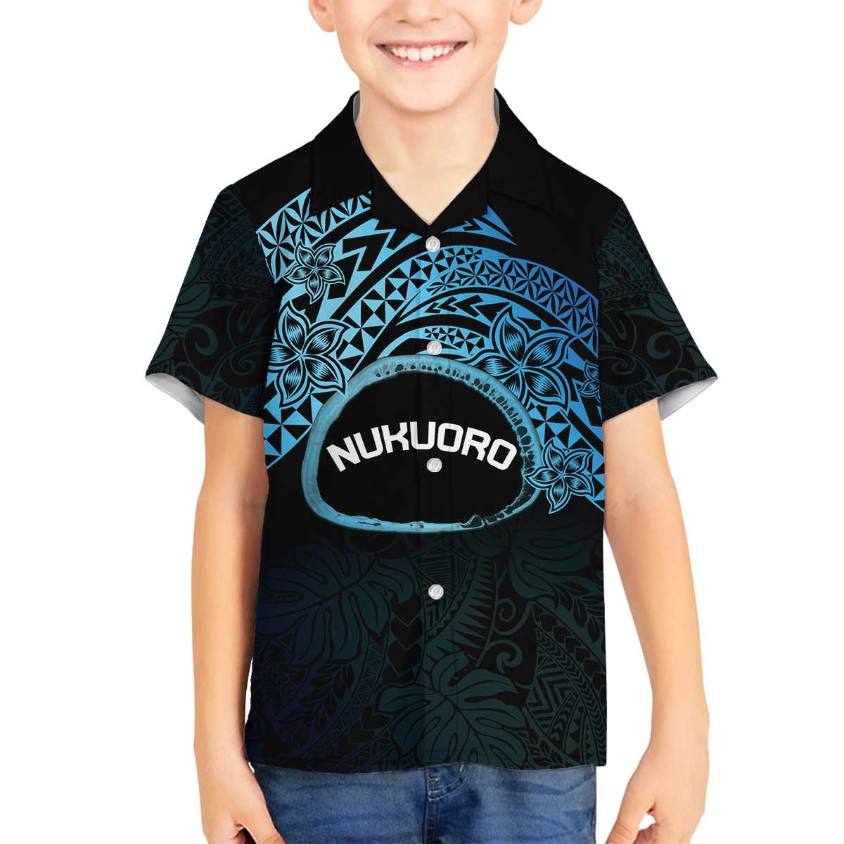 Personalised Pohnpei Nukuoro Micronesia Family Matching Off The Shoulder Long Sleeve Dress and Hawaiian Shirt Polynesian Tattoo Curves Blue Version