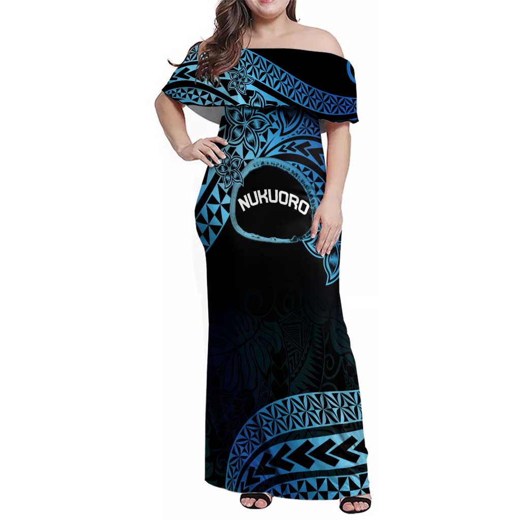 Personalised Pohnpei Nukuoro Micronesia Family Matching Off Shoulder Maxi Dress and Hawaiian Shirt Polynesian Tattoo Curves Blue Version