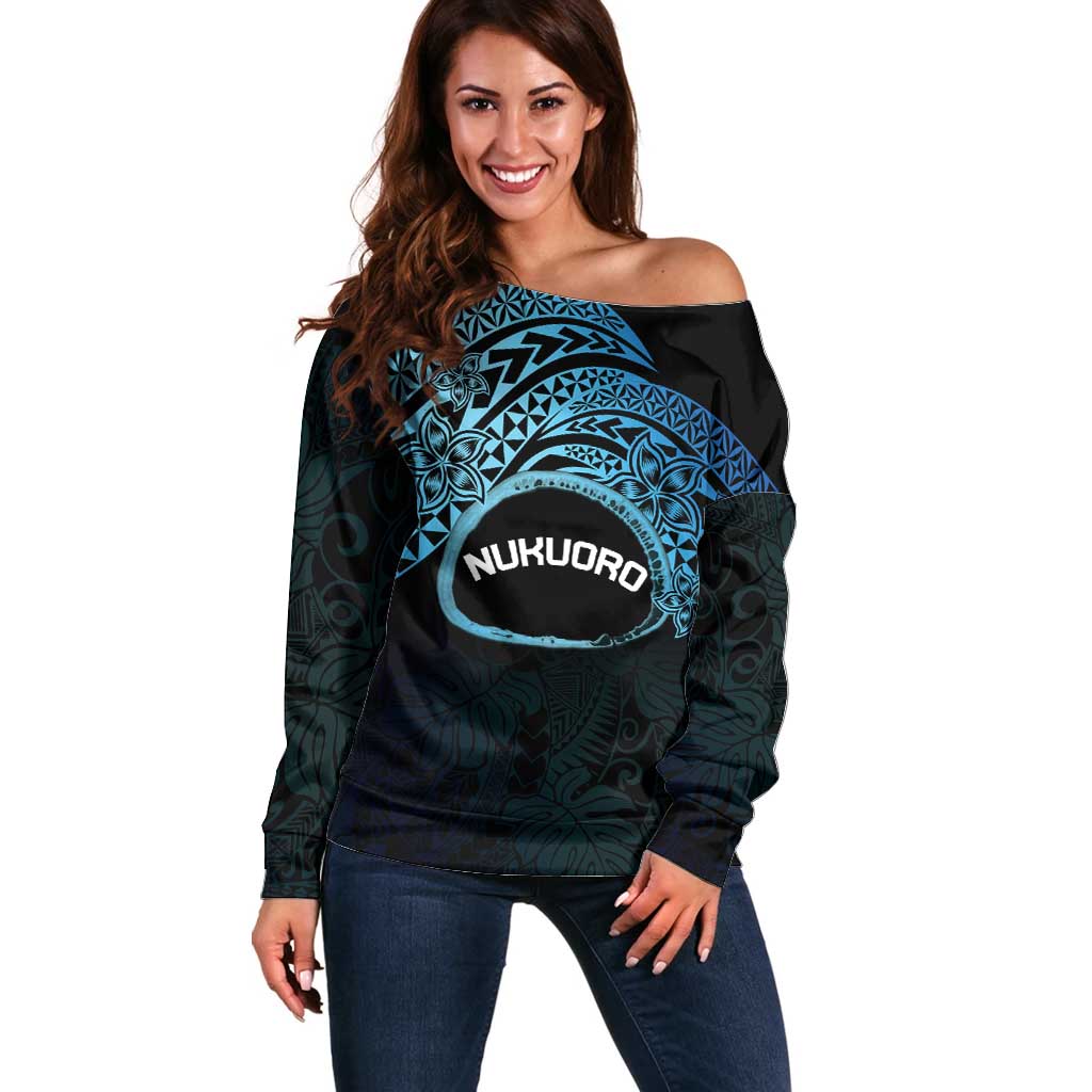 Personalised Pohnpei Nukuoro Micronesia Off Shoulder Sweater Polynesian Tattoo Curves Blue Version