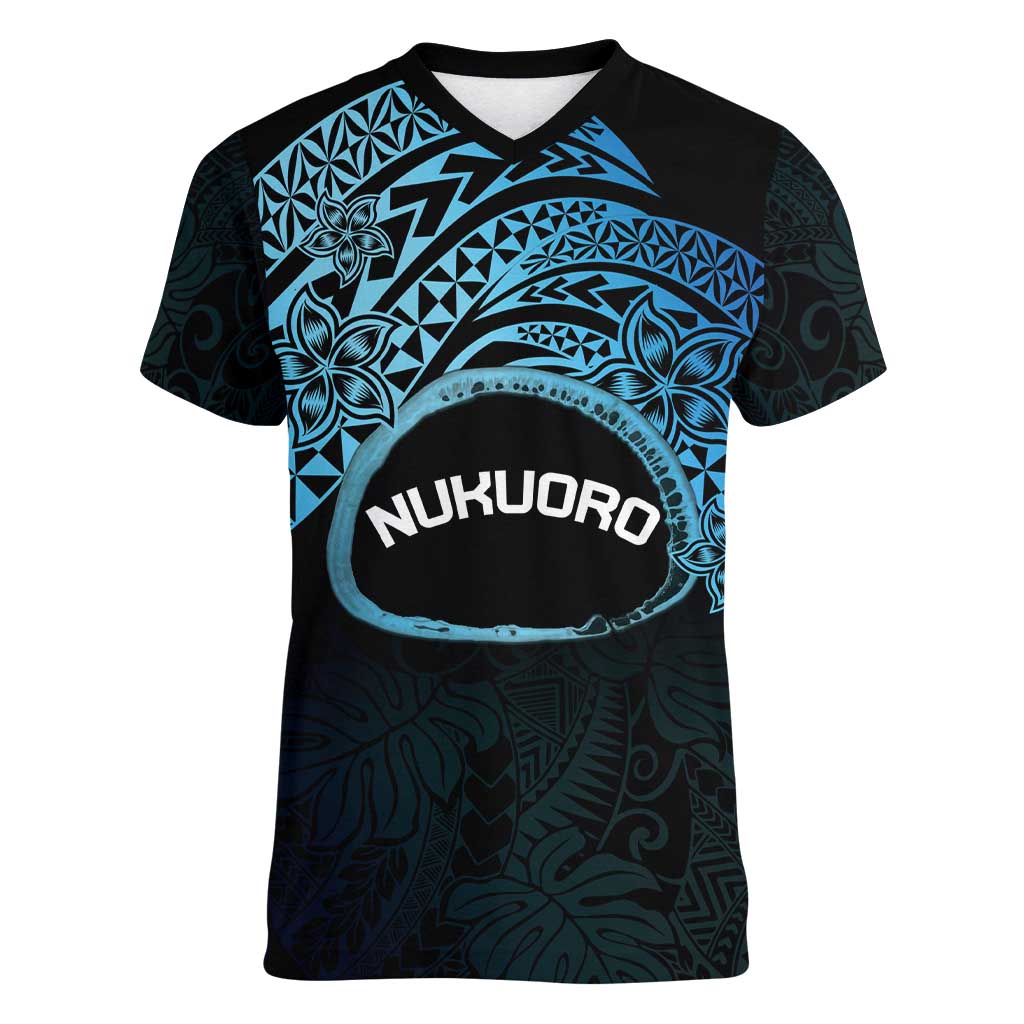 Personalised Pohnpei Nukuoro Micronesia Women V-Neck T-Shirt Polynesian Tattoo Curves Blue Version