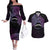 Personalised Pohnpei Nukuoro Micronesia Couples Matching Off The Shoulder Long Sleeve Dress and Hawaiian Shirt Polynesian Tattoo Curves Purple Version